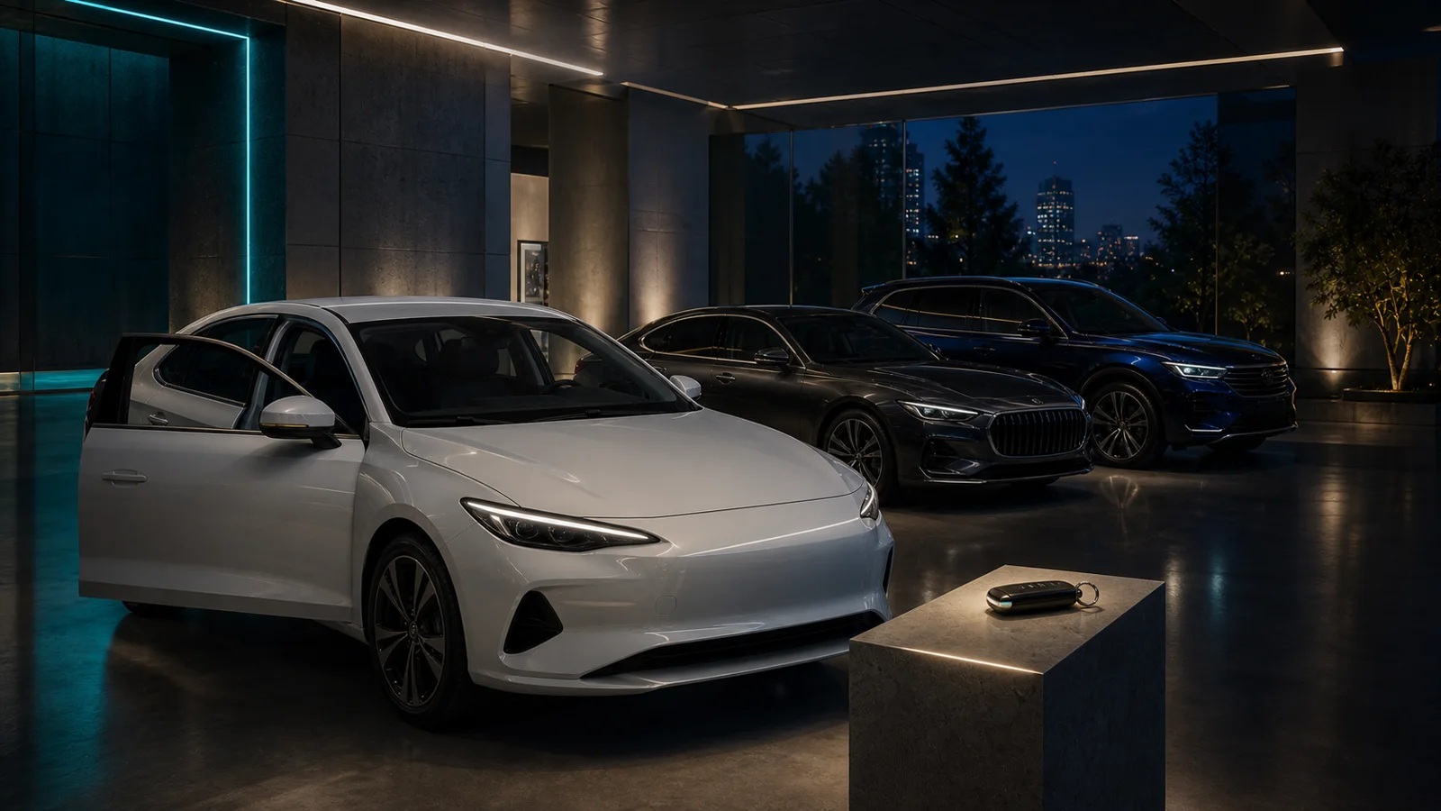 A premium rental fleet ready inside a quiet glass garage